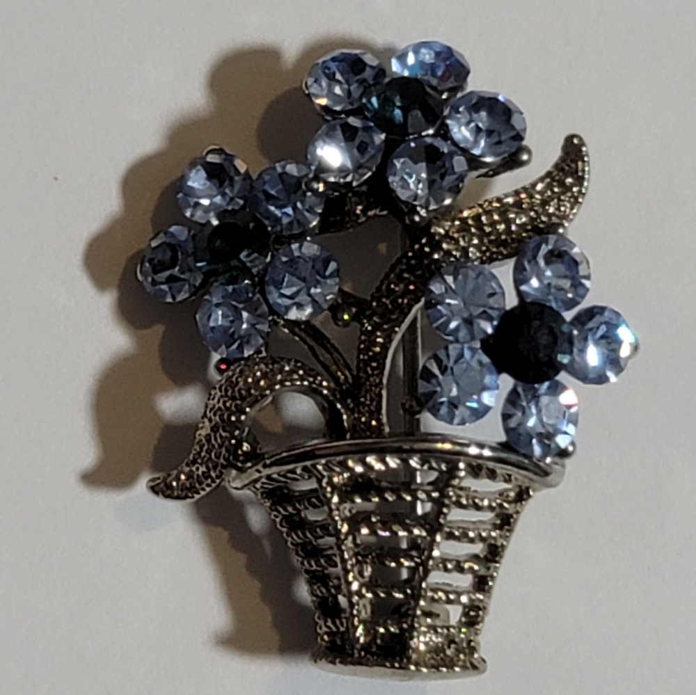 Vintage Blue Rhinestone Flower Basket Brooch Marcasite Style Pin